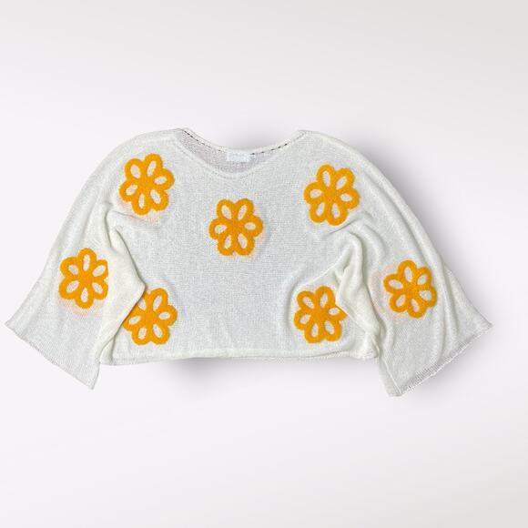 Storia White Orange Flowers Boho Preppy Open Knit Sweater Size S - Picture 3 of 8